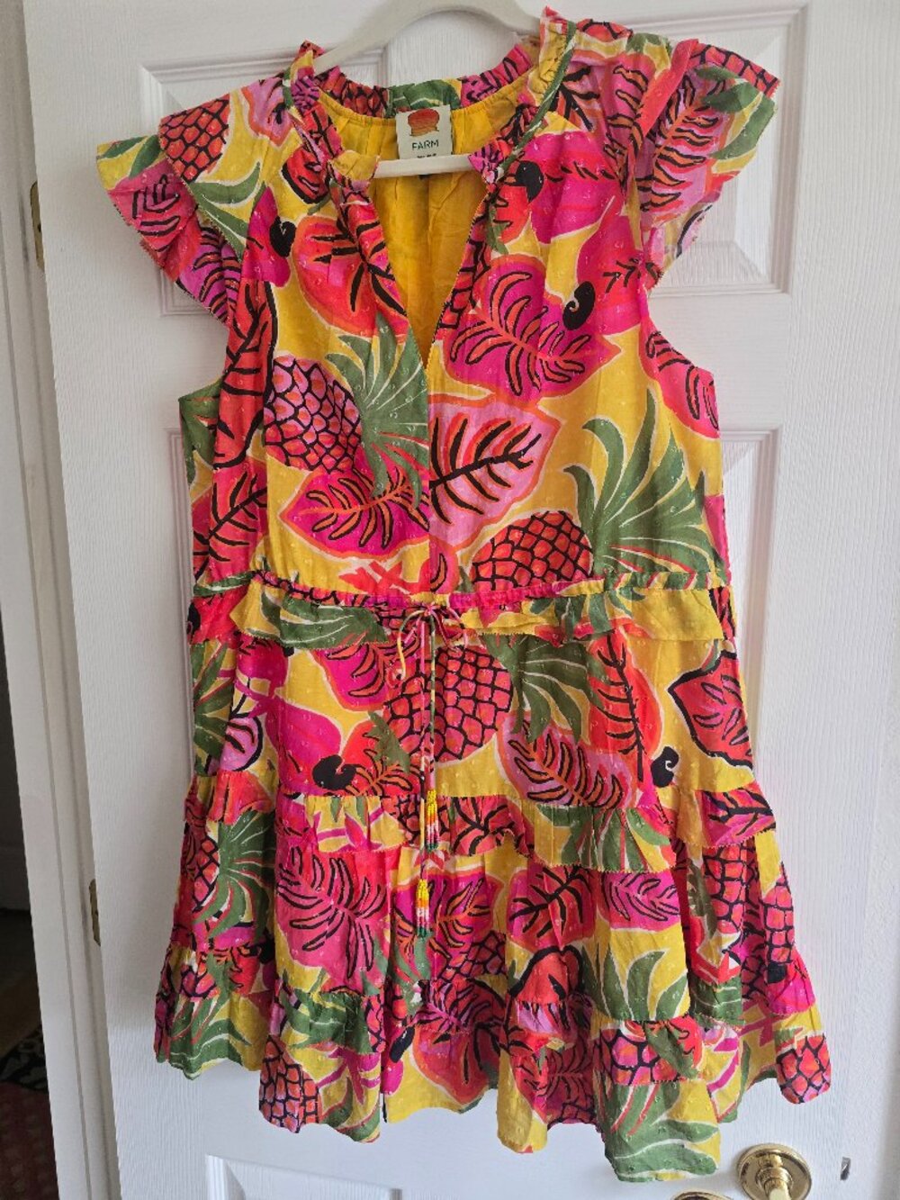 Farm Rio Colorful Mixed Fruit and Monstera Leaves Mini Sun Dress XL